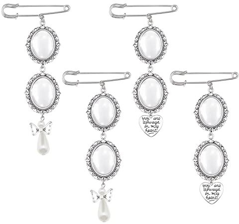 YINETTECH 4 Sets Hochzeitsstrauß Foto Charm DIY Brosche Making Kit Spitzenrahmen ovaler Bilderanhänger mit herzförmigem oder engelförmigem Anhänger Schmuck Geschenk für Braut, Multisize, Metall