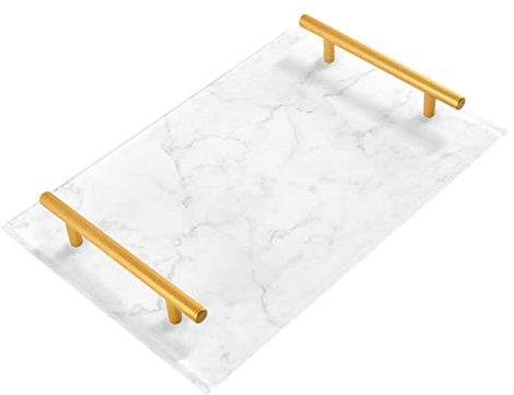 Dallonan Acrylic Bathroom Tray, Rectangular White Marble Decorative Trays with Gold Handles for Kitchen Food Living Room Dresser Comestic Office Organizer (7.87 * 11.81in)
