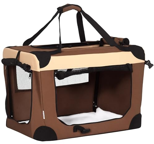 PawHut 60cm Foldable Pet Carrier Bag Soft Travel Dog Crate, Portable Cat Carrier w/ Cushion, for Cats and Miniature Dogs - Brown