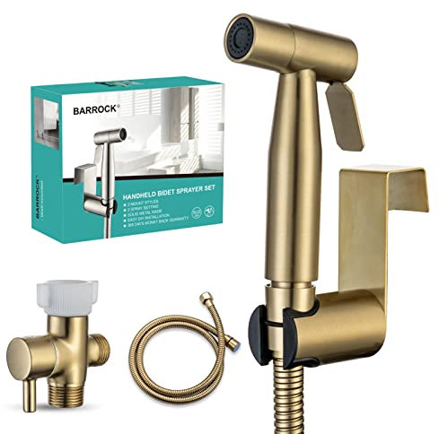 BARROCK Handheld Bidet Sprayer for Toilet, Stainless Steel Metal Made Baby Cloth Diaper Spraying Kit, Bathroom Toilet Bidet Attachment Set for Bathing Pets and Feminine Hygiene, Brushed Brass Gold