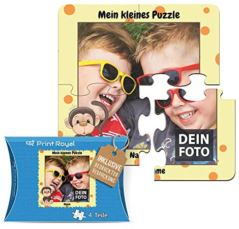 Fotopuzzle aus Holz für Kinder mit Name und Foto Puzzle selbst gestalten - Mein kleines Puzzle mit AFFE, Kinderpuzzle | 19 x 19 cm, 4 Teile in Kartonverpackung