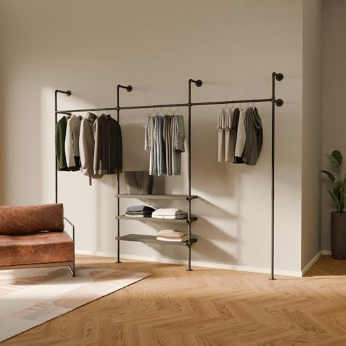 pamo Kleiderstange Wandmontage 340 kg Traglast - offener Kleiderschrank industrial schwarz aus Metall Wasserrohren mit Böden aus robustem Metall