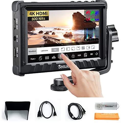 Desview P5II Touchscreen Kamera Field Monitor, 5,5 Zoll 800 Nits DSLR Monitor mit 3D LUT Waveform Peaking Focus Assist und 4K HDMI Eingang/Ausgang, Inklusive Sonnenschirm und Kipparm