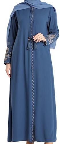 istanbul styles Abaya mit bestickten Ärmeln für Damen, langärmelig, bodenlang, türkisch-islamische Mode (DE/NL/SE/PL, Alphanumerisch, S, Regular, Regular, Denimblau)