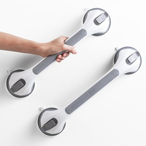 LEVERLOC Dusche Haltegriffe, 43 CM Duschgriff für Badewanne 2 Pack, MAX Halt 110 KG Haltegriff für Senioren, Badezimmer Griffstangen für ältere Menschen, kein Bohren & abnehmbarer Handlauf, Grau