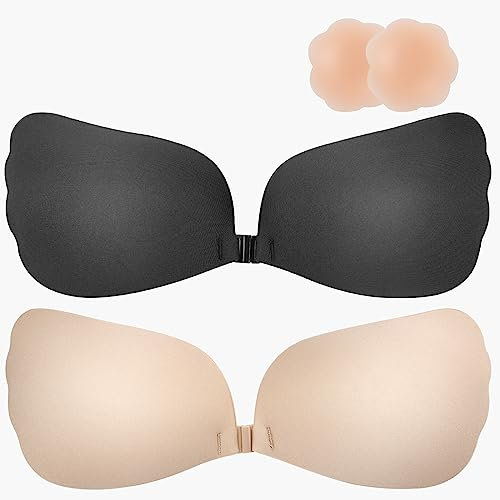 Becqurel Klebe-BH, Selbstklebender trägerloser und rückenfreier Push-up-BH mit unsichtbaren Hebe-Cups für Damenkleider, inklusive Brustwarzenabdeckungen