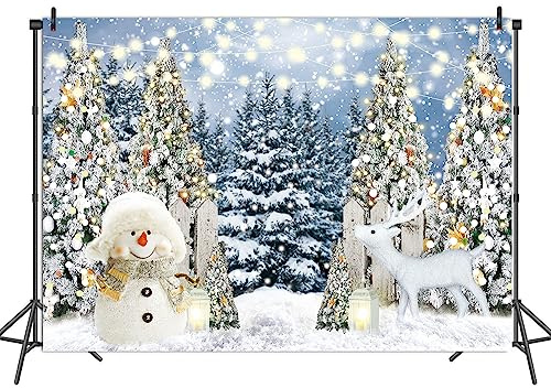 INRUI Glitter Christmas Pine Tree Snowman Photography Backdrop 8x6FT | Lightweight Vinyl for Winter Snowflake Party & Xmas Party Photo Decor