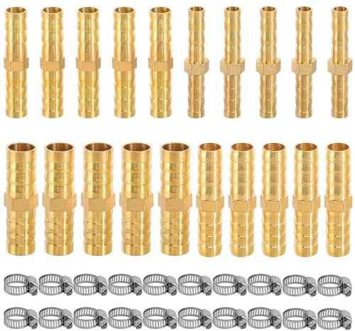 Shinybox 40 Pezzi Connettore del Tubo, 20 Pezzi Raccordo Portagomma in Ottone con 20 Fascette Stringitubo, 6/8/10/12 mm Connettore per Tubo Flessibile in Ottone per Aria, Acqua, Carburante, Olio Tubo