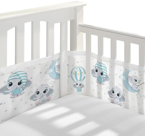 Bizcasa Protector de Cuna para bebé,Chichoneras Cuna Plegable 4 Lados, Ajustable,Extraíble con Cierre de Velcro,Cuna de Bebé de Transpirable-340cm x 30cm + 160cm x 30cm (Elefante)