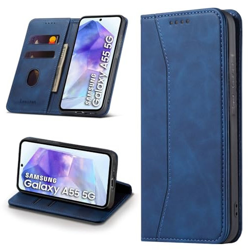 Leaisan Handyhülle für Samsung Galaxy A55 5G Hülle Premium Leder Flip Klappbare Stoßfeste Magnetische [Standfunktion] [Kartenfächern] Schutzhülle für Samsung A55 5G Tasche - Blau