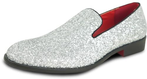 bravo! Herrenschuh, Abschlussball, Slipper, Smoking, klassischer Metallic-Glitzer, für Hochzeit, Abschlussball, Party, Schwarz, Gold, Silber, Silber 8, 43 EU