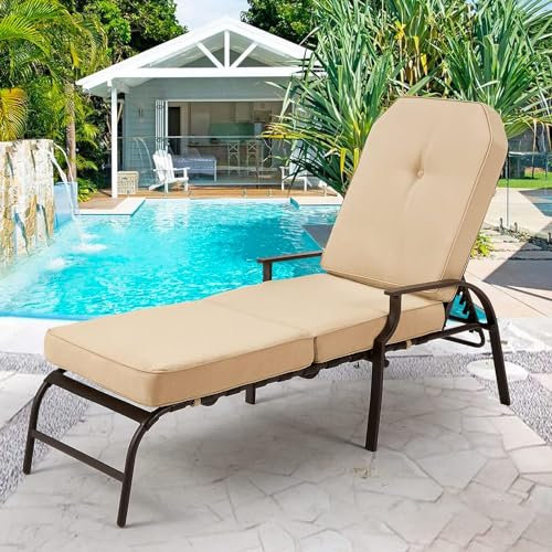 YODOLLA Gartenliege Sonnenliege für den Außenbereich Rattanliege Loungesessel Liegestuhlmöbel mit Armlehne und Kissen für Deck, Pool, Hinterhof (Beige, 1)