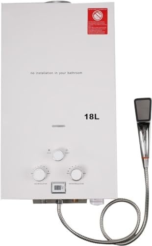 ECUTEE 18L Gas Durchlauferhitzer 36KW LPG Warmwasserbereiter Instant Heißwasserbereiter Flüssiggas Durchlauferhitzer mit Galvanisierter Duschkopf & Duschschlauch, für Zuhause,Wohnmobile,Camping Weiß