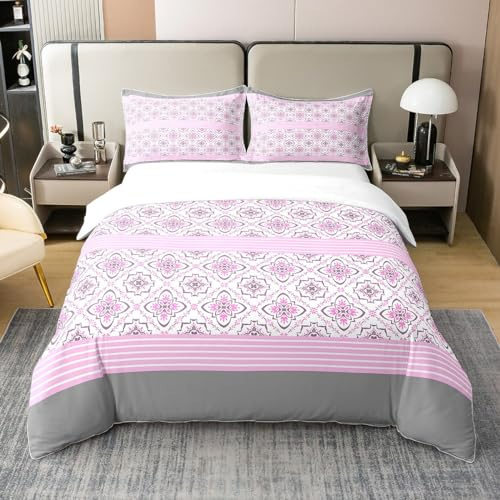 Homemissing Fleurs Coton Housse de Couette Retro Fleurs Parure de Lit 220x240cm pour Botanique Parure Housse de Couette Strip Lines Rose Gris Sets de Housse de Couette 3 pièces
