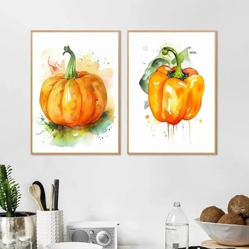 RDRDtbtr Aquarell-Gemüse Leinwandgemälde Poster Kunstdrucke gelber Kürbis Leinwand Wand Bilder Bilder Wohnzimmer Küche Heimdekoration 50 x 70 cm x 2 ungerahmt