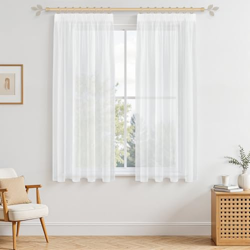 MRTREES Vorhänge mit Kräuselband, 2 Stück, 140 cm Höhe und 140 cm Breite, transparente Gardinen mit Kräuselband, Weiß, 2 Stück