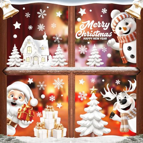 AhfuLife Fensterbilder Weihnachten, 9 Blätter Fenstersticker Weihnachten Selbstklebend, Wiederverwendbar Doppelseitig Weihnachten Santa Claus Schneemann Fensterdeko für Xmas Party Weihnachtsdeko