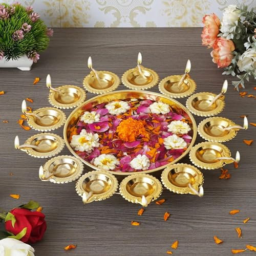 Royal Kurta Diya Shape Decorative Urli Bowl for Home Metal Handcrafted for Floating Flowers and Tea Light Candles Home,Office and Table Decor| Diwali Decoration Items (Flower 14)
