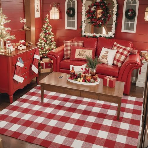 WAYYE Buffalo Plaid Outdoor-Teppich, 1,2 x 1,8 m, rot und weiß kariert, waschbare Fußmatten für drinnen und draußen, Teppiche für mehrlagige Haustürmatten, Veranda, Eingang, Küche, Bauernhaus