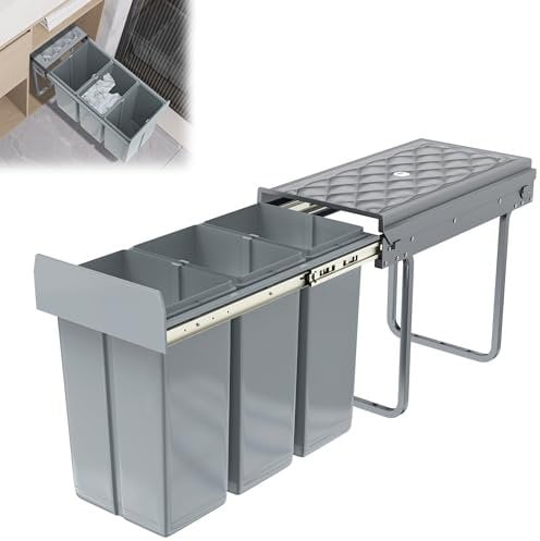 YRHome Système de tri sélectif encastrable avec 3 collecteurs de déchets amovibles - Avec rails télescopiques - Pour cuisine - Gris - 48 x 26 x 42 cm - 3 x 10 l