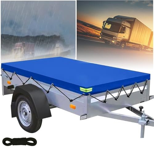 alouweekuky Bache Remorque 207 X 114 X 10cm, 600D PVC Renforcé Bâche pour Remorque, Bâche Protection Plate avec Corde de Bâche et Bandes Réfléchissantes Adaptée Aux Remorque de Voiture 750 kg