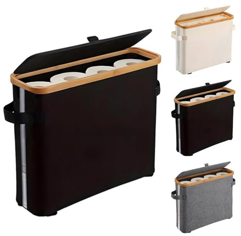 32L Foldable Toilet Roll Storage Basket for 16 Rolls, Waterproof Toilet Paper Storage Container with Lid, Bathroom Storage Box, Toilet Roll Basket with Handle (Black)