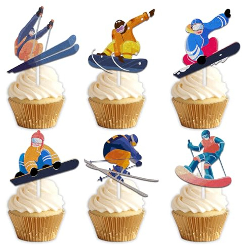 18pcs Glitter Skiing Player Cupcake Topper Winter Sport Skiing Theme Decor Supplies Men Women Happy Birthday Party Decorations
