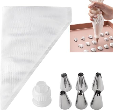 Piping Bag and Nozzles Set with Coupler,100Pcs Thick Disposable Piping Bags,6Pcs Nozzles and a Coupler for Cake Cupcake Dessert Cookies Decoration Cake Piping Kit