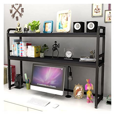 ZENY896V File Cabinet 2-Tier Desktop Shelves, PC Desk Bookshelf, Office Supplies Desk Organizer Display Rack, Vintage Metal and Wooden Display Shelf Organizer, Black Printer Stand Home Office