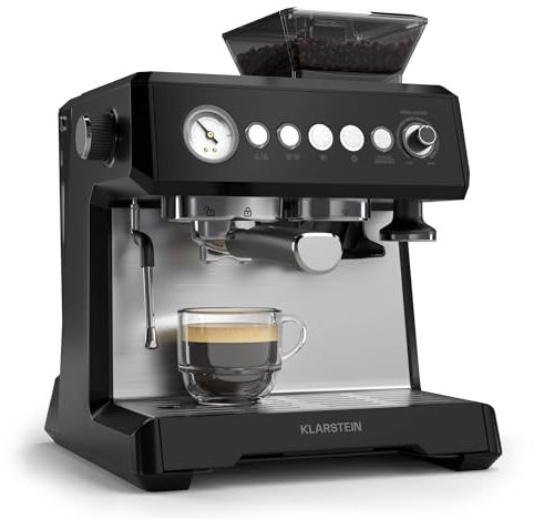Klarstein GrandPresso Siebträgermaschine Mit Mahlwerk – 20 Bar, 1.350 W, Integriertes Präzisionsmahlwerk, Dampfdüse, 2,3-l-Wassertank, Schwarz, Tassenwärmer