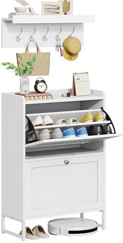 YITAHOME Rangement Étroit pour Chaussures avec 2 Trappes, Penderie et Porte-Manteau Mural 5 Crochets - Commode à Chaussures Blanc pour Entrée/Salon - Supporte Talons Hauts (60x25x95cm)
