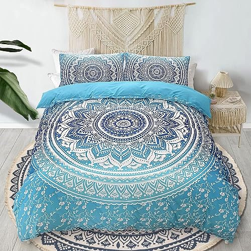 Bettwäsche 140x200 Blau Weiß Blumen Boho Mandala und Kissenbezug 70x90 | Bettwäsche Set, Vintage Blumenwiese Blumenmuster, Botanisch, Bohemian Floral Pflanzenmuster, Microfaser, Reißverschluss