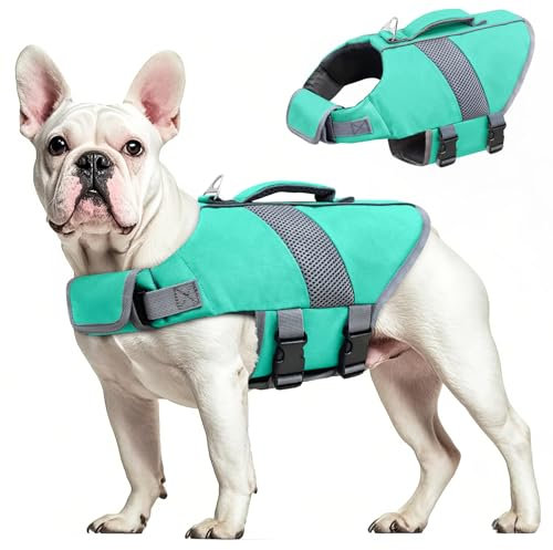 Oslueidy Salvagente Cane Giubbotto di salvataggio del cane Alta Flotation,Cane Salvagente Galleggia Cappotto Riflettente Gilet di sicurezza per il nuoto Nautica Surf Kayak (Hellblau, XS)