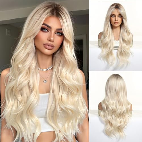 OUFEI Blonde Perücken für Frauen Lange Lockige Perücke mit Vorhang Pony Gewellt Perücke mit Dunklen Wurzeln Natürliches Synthetisches Haar für Tägliche Party Cosplay Tragen