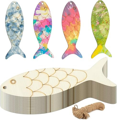 APOMOONS 30 Stück Fischform Holzplatte mit 8 Pinsel & Hanfseil, Holzplatten zum basteln Holzbrettchen Holzanhänger zum Bemalen, Holz zum Bemalen Holzfische Bastelholz Zum Selbermachen, Raumdekoration
