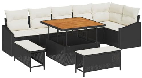 vidaXL 9-teiliges Garten-Sofa-Set mit Kissen in Schwarz und Creme. Das Set für Deine Terrasse umfasst einen Couchtisch und ist perfekt zum Chillen im Lounge-Bereich mit bequemen Modulen.