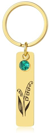 YeGieonr Porte-clés en Acier Inoxydable Doré - Fleur & Pierre de Naissance Personnalisées - Cadeau Luxe 12 Mois - Idée Cadeau Anniversaire, Noël