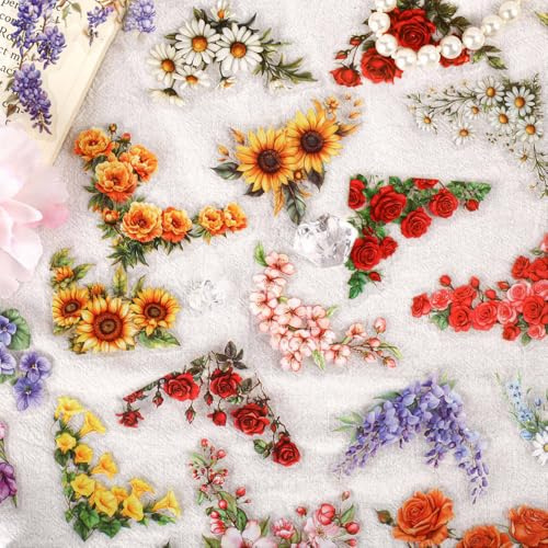 120 Blätter Blume Sticker Set PET Blumensticker Scrapbook Zubehör Bunte Blumen Sticker Aesthetic Scrapbooking Papier Scrapbook Stickers Journaling Zubehör Blumen Deko Aufkleber Fotoalbum Bastelpapier