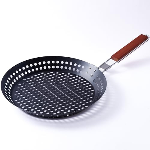 FAQQI 12 in Kozmatik Turkish Grill Pan, Nonstick Carbon Steel Basket | Handled Vegetable Charring Pan, For Stovetop And Grill Cooking, Black Round Basket Design