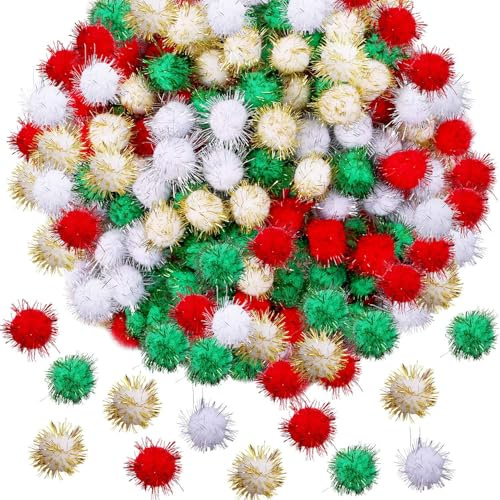 Glitzer Pompons Zum Basteln, 200 Stück Kleine Pompon Deko, Bunte Pompons Zum Basteln 1.5 cm, Mini Pom Poms Rot/Grün/Weiß/Gold für DIY Haus Dekoration, Weihnachtshandwerk