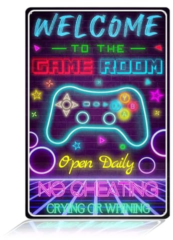 Welcome to The Game Room Neon Sign, Cool Metal Tin Sign for Boys Bedroom Gaming Room Wall & Door Decorations, Gamer Room Accessories, Game Night Wall Decor Gift for Gamers Teen Boys, 12 x 8 Inch
