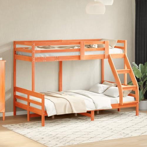 Bucmath Etagenbett 90x200/120x200 cm, Wachsbraun Massivholz Kiefer, Platzsparendes Doppelstockbett mit Sicherheitsgeländer, Robustes Schlafzimmer Möbel für Kinder & Erwachsene