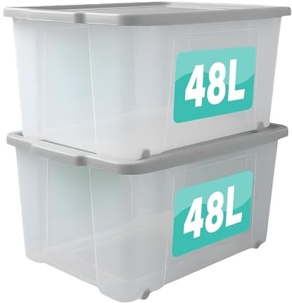 Optimal Products Set Of 2 Plastic Storage Box with Lid & Wheels Stackable Heavy Duty Container for Home, Garage & Office Organisation Boxes Nestable Portable Multipurpose Room Organiser (48 Litre)