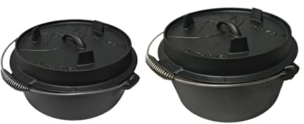 GEDA Grill Dutch Oven Set 5,6L + 9L – Gusseisentopf Set ohne Füße, Feuertopf/Schmortopf aus Gusseisen für Grill, Feuer, Backofen & Induktion – Deckel als Pfanne nutzbar, inkl. Deckelheber