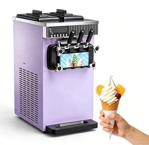Commercial Ice Cream Machine – 1300W 15-21L/H Three Flavor Countertop Soft Ice Cream Maker with 2 * 3.5L Stainless Steel Cylinder, LED Panel & Auto Cleaning, for Restaurant & Snack Bars Purple