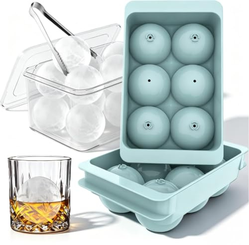 Eiswürfelform Groß, 4.8cm Runde Eiswürfelbehälter mit Deckel, 1-Knopf-Entformung ohne Anfassen, Eiswürfel für Whisky & Cocktails, BPA-frei, 6 Bälle*2 pack Hart Silikon Ice Cube Tray