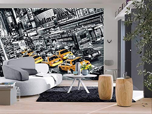 Fototapete, Cabs Queue, schwarz-weiß Color-Mix, Broadway, Times Square, 8-teilig, gelbe Taxen, New York Taxi, Schlange, Rush Hour, 366x254 cm