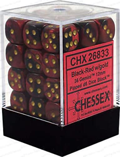 Chessex Gemini 12mm d6 Dice Blocks with pips Dice Blocks (36 Dice) - Black-Red w/Gold