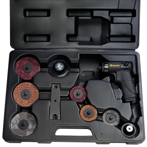 Rodcraft RC7681K Werkzeug-Set: Druckluft-Poliermaschine RC7681 und viel Zubehör, 50 mm und 75 mm Schleifpads, Drehzahl 15000 U/min, 150 Watt Leistung, schwarz | 15000 U/min, 150 W Leistung sowie 50 und 75 mm Schleifpads für vielseitige Anwendungen