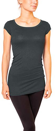 Easy Young Fashion - Damen Basic T-Shirt - langes Kurzarm Longshirt - Rundhals Longsleeve - Unterziehhemd Skinny Fit 1002 - Dunkelgrau L